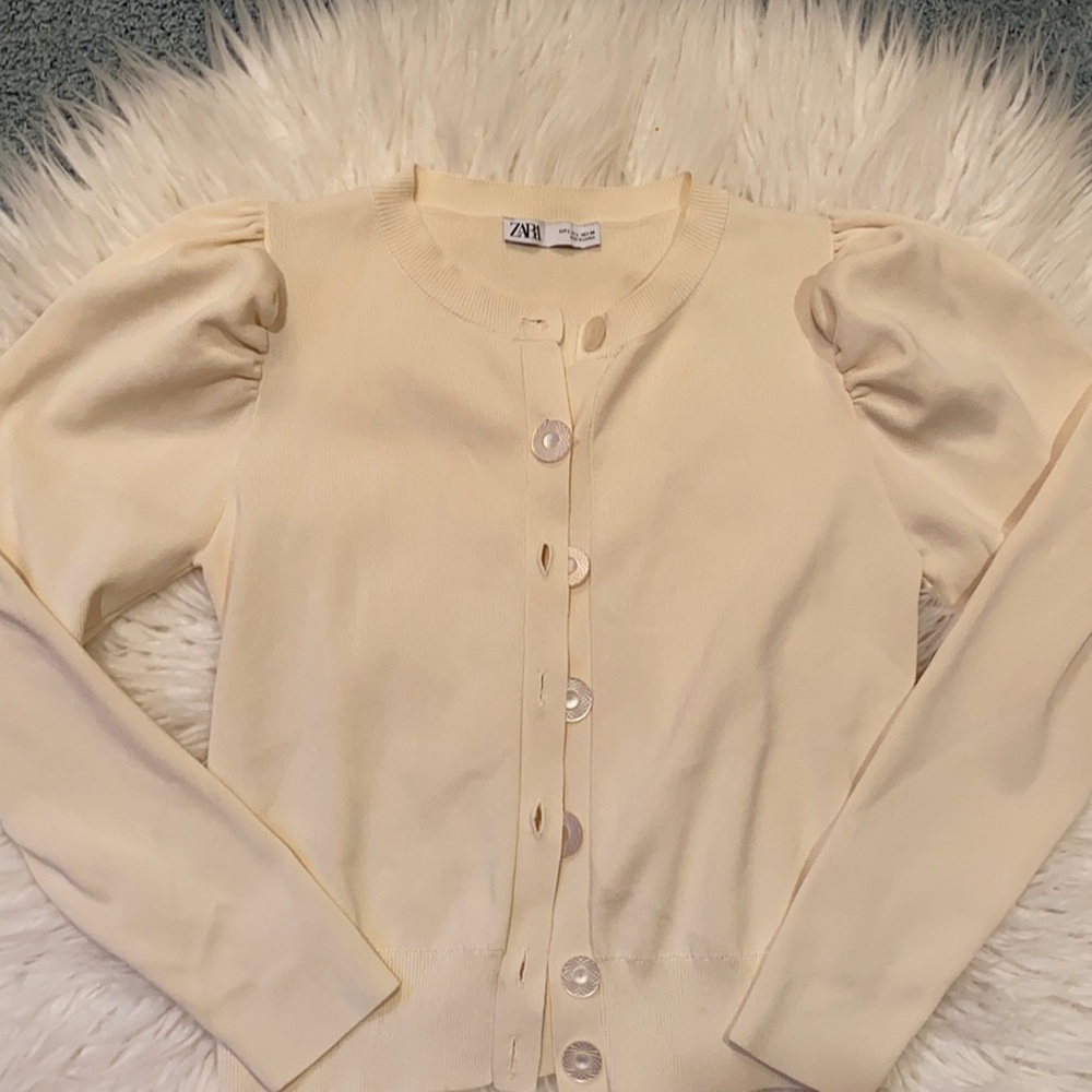 Zara Cream Puff-Sleeve Button Cardigan